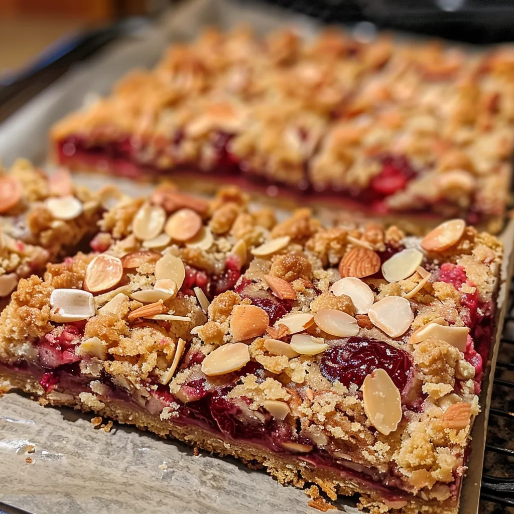Highlighted Raspberry Almond Shortbread Bars with a crumbly top and rich raspberry center, presented on a plate.