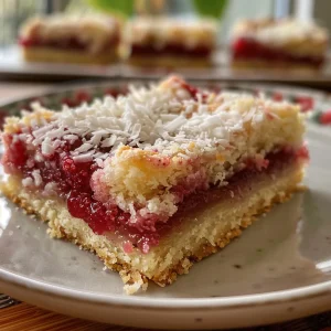 A textured slice of Raspberry Coconut dessert highlighting the contrast between soft cake and vibrant raspberry jam.