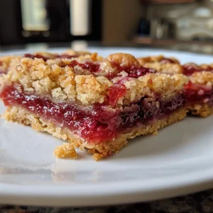 A detailed shot of raspberry jam bars highlighting their crumbly texture and vibrant filling.