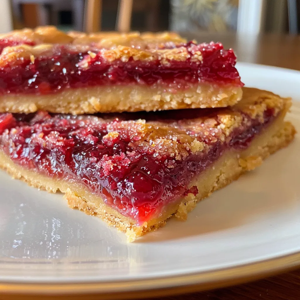 Juicy raspberry jam bars cut into squares, showcasing their sweet, sticky center.