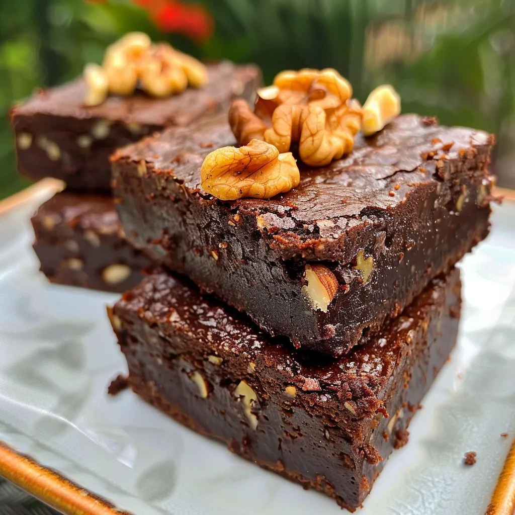 Tasty raw chocolate brownies presented on a wooden surface, showcasing cocoa dust.
