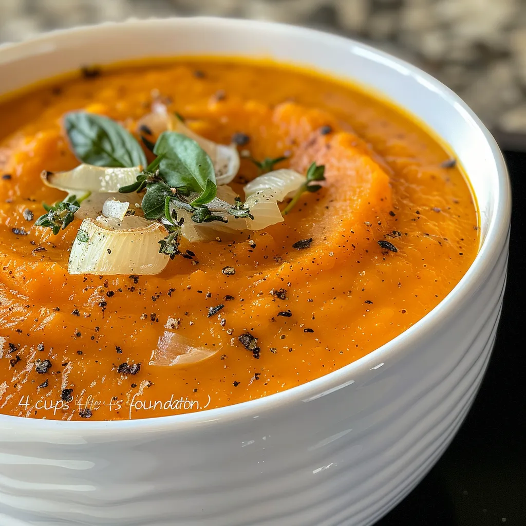 Rich and velvety roasted sweet potato soup presented in a rustic bowl.