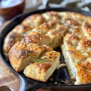 Juicy rustic bread in a skillet, highlighting the textures and ingredients like garlic and rosemary.