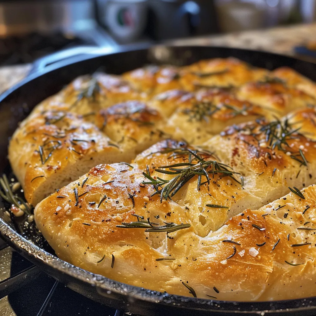 Detailed photo of a rustic bread loaf in a skillet, emphasizing its golden surface and aromatic herbs.