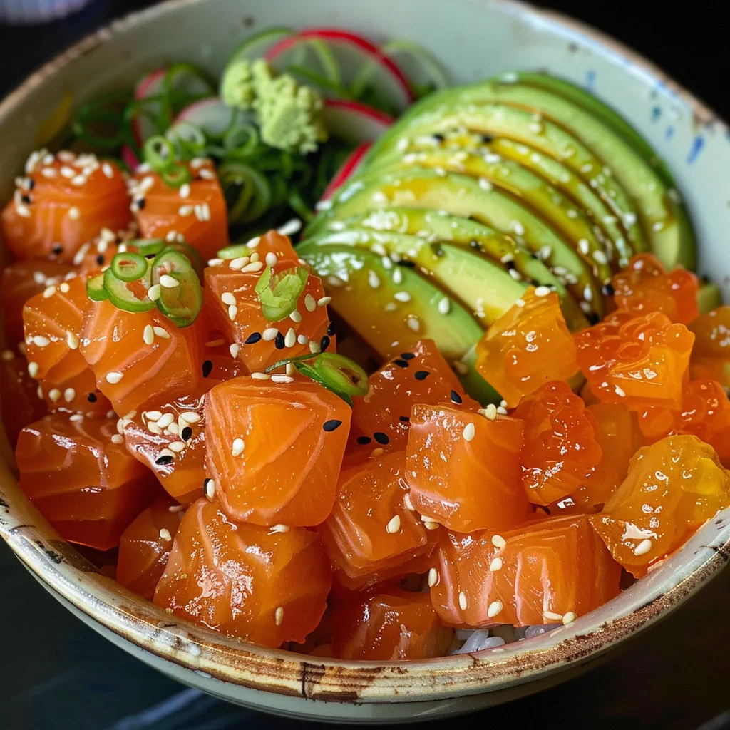 A vibrant Salmon and Avocado Poke Bowl showcasing fresh salmon cubes and ripe avocado slices over a bed of sushi rice.