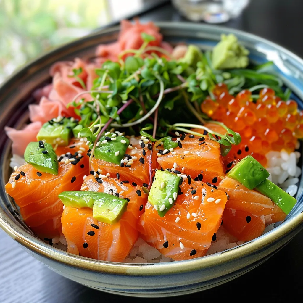 A colorful close-up of a Poke Bowl featuring salmon, avocado, and assorted vegetables, garnished with sesame seeds.