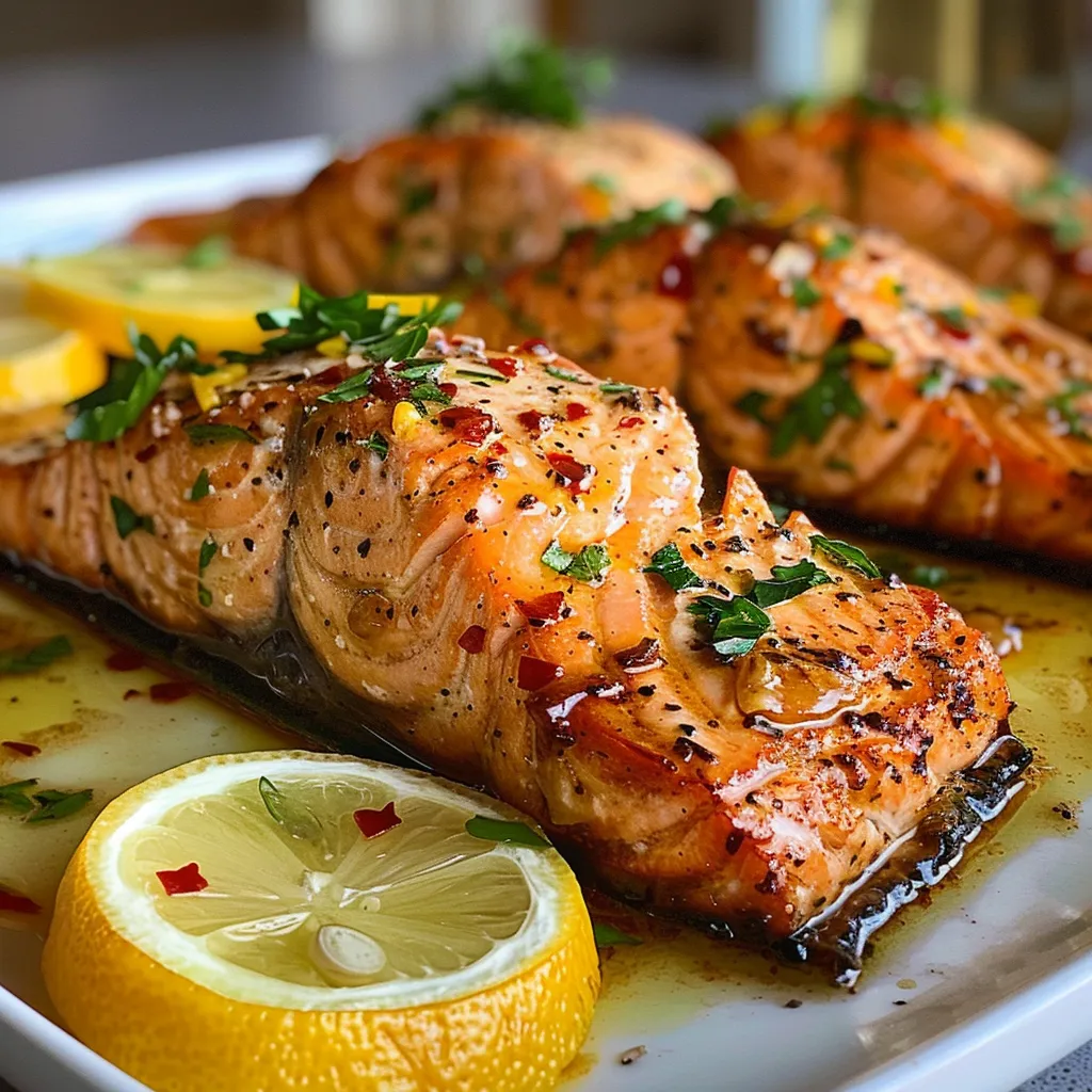 Close-up view of seared salmon fillet drizzled with garlic lemon butter sauce.