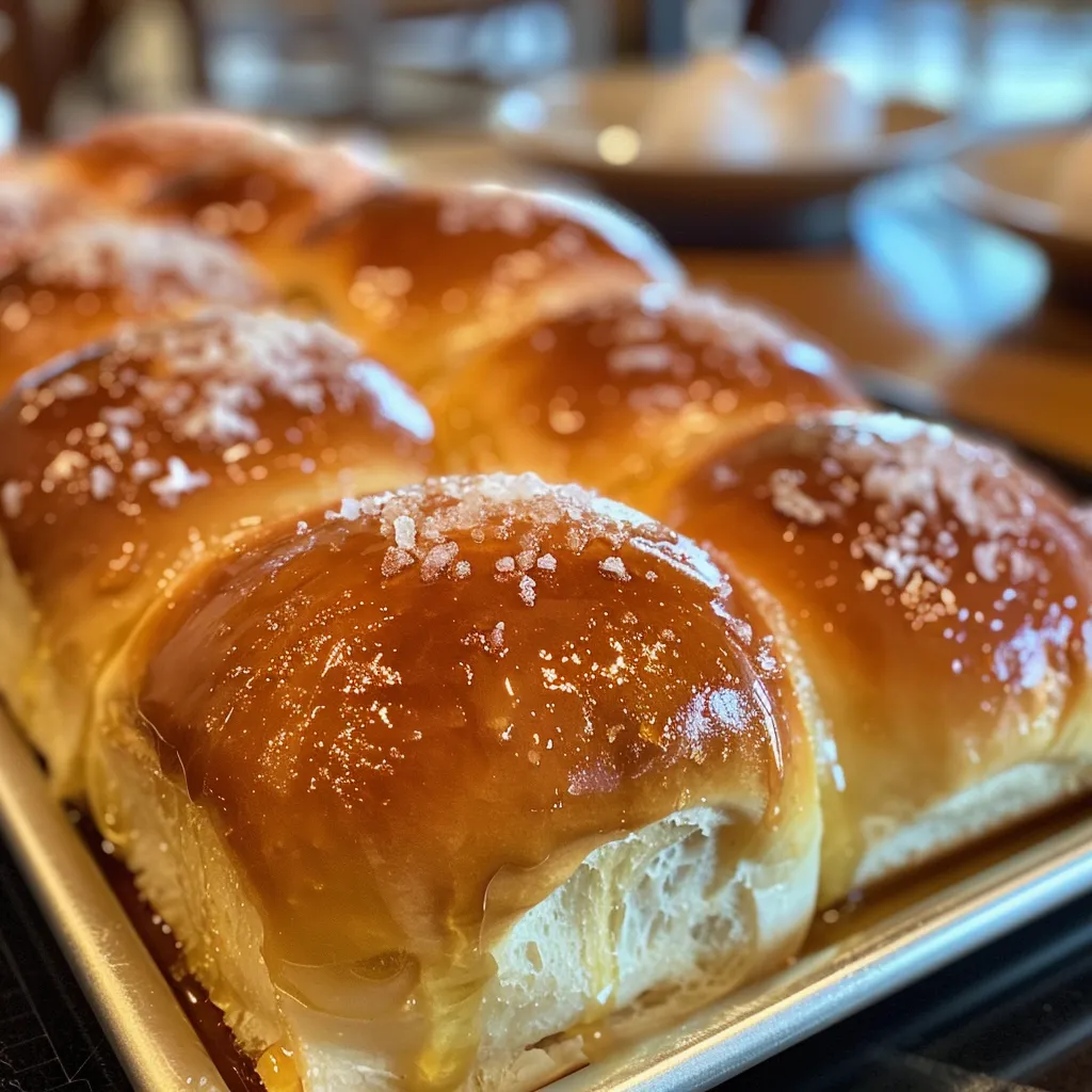 Juicy salted honey butter rolls arranged on a wooden surface, glistening with honey.