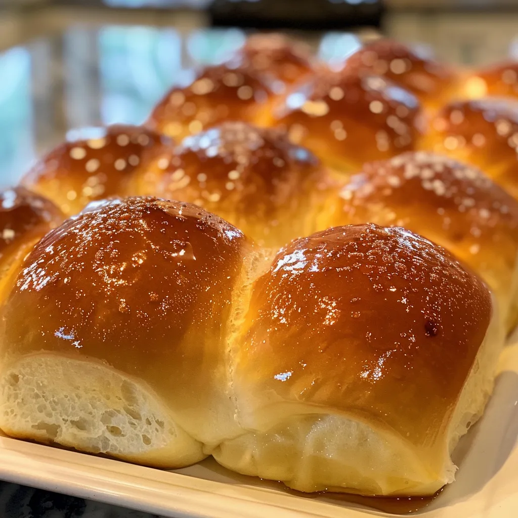 Warm, soft honey butter rolls with a shiny exterior, adorned with flaky sea salt.