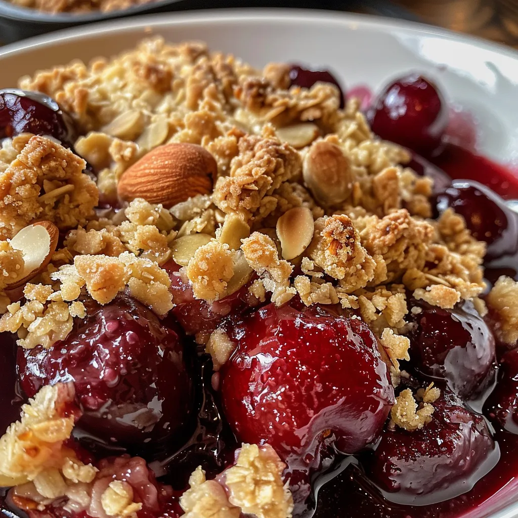 A vibrant bowl of cherry and almond crumble, showcasing its juicy filling and crumbly topping.