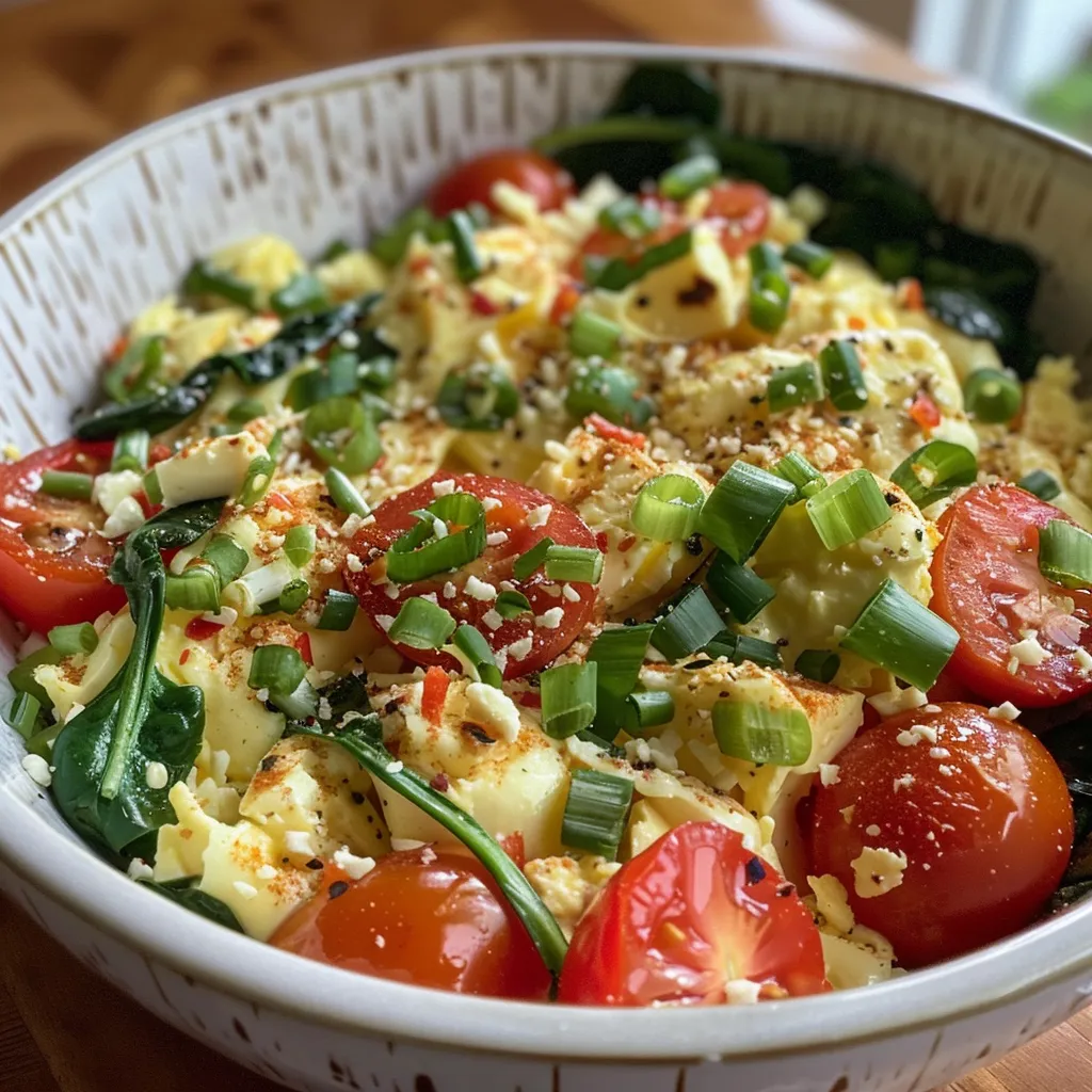 Side angle of a delicious scrambled egg dish showcasing cherry tomatoes, spinach, and zucchini.