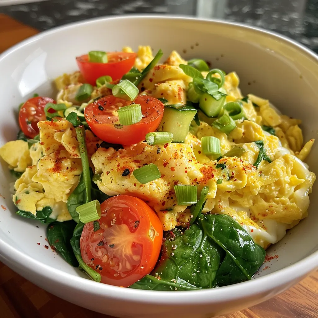 Juicy scrambled eggs topped with red bell pepper and green onions in a bowl.