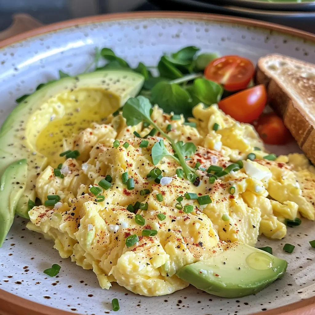 Juicy scrambled eggs garnished with fresh avocado chunks.