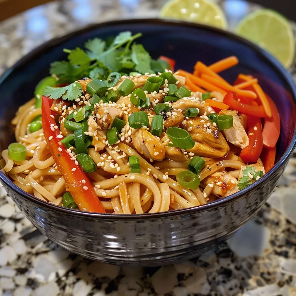 Close-up view of a colorful Sesame Chicken Noodle Bowl featuring sliced chicken, fresh vegetables, and noodles.