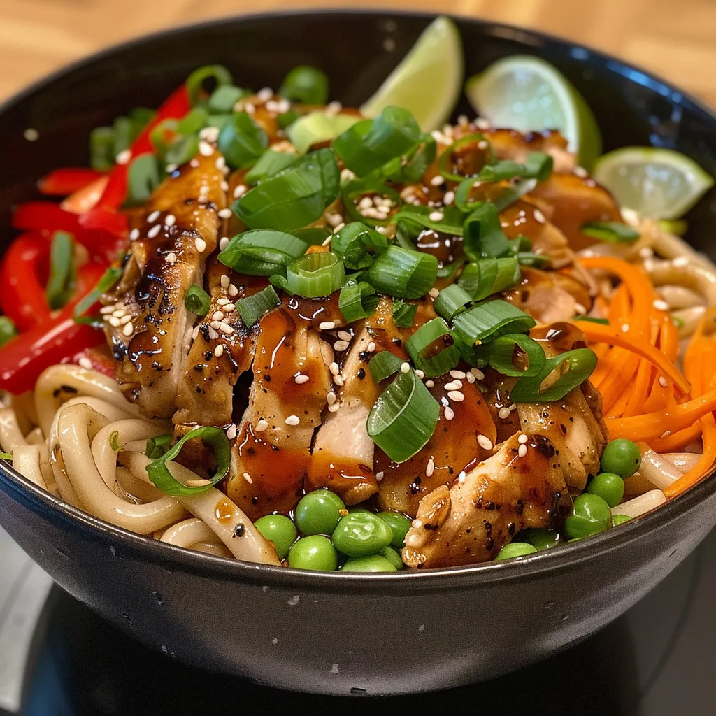 Side view of a vibrant Sesame Chicken Noodle Bowl with chicken, bell peppers, carrots, and green onions.