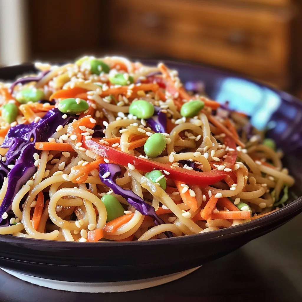 A vibrant bowl of vegan Sesame Ginger Noodle Salad with colorful vegetables and sesame seeds.