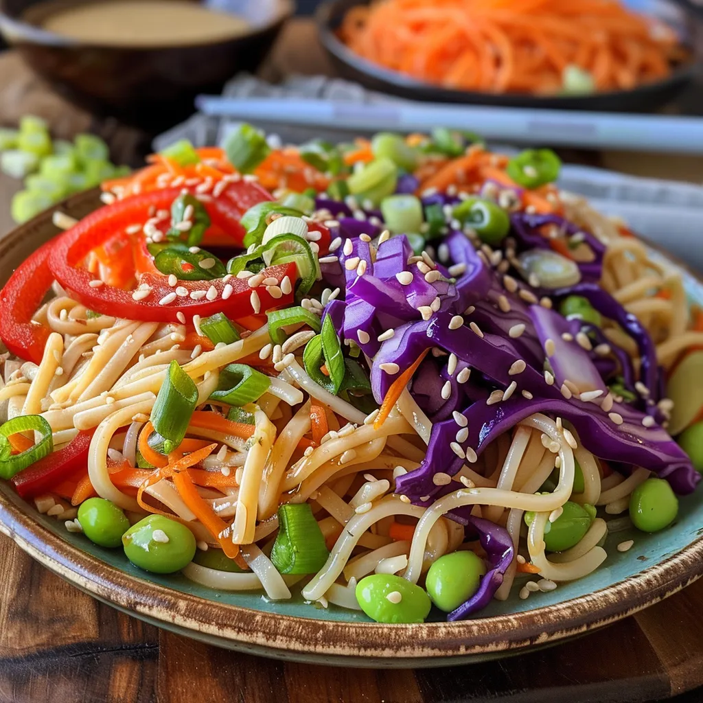 Close-up view of Sesame Ginger Noodle Salad featuring thinly sliced red pepper, cabbage, and edamame.