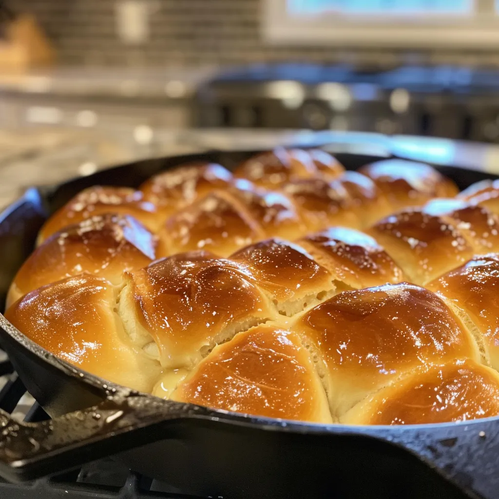 Freshly baked dinner rolls showcasing a golden exterior, placed in a skillet.