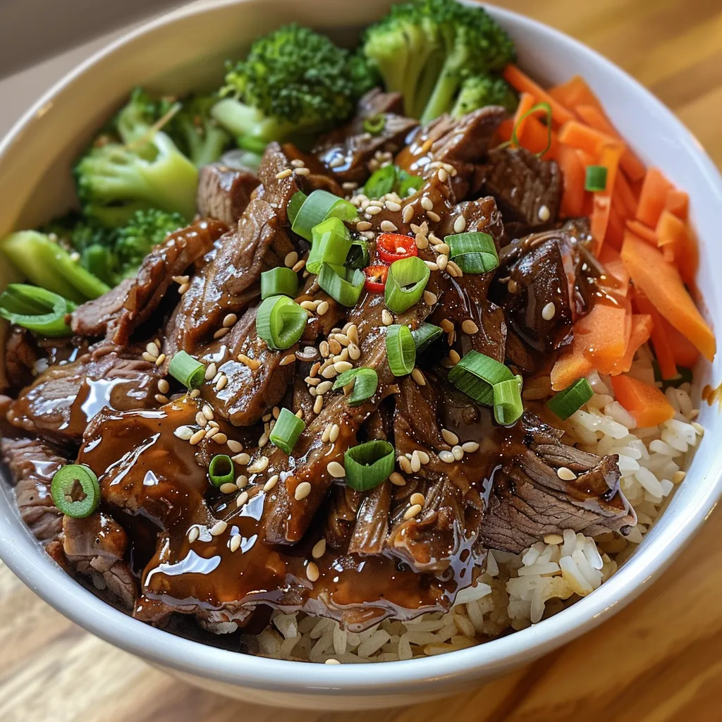 A close-up side view of a spicy beef rice bowl with colorful vegetables and creamy dressing.