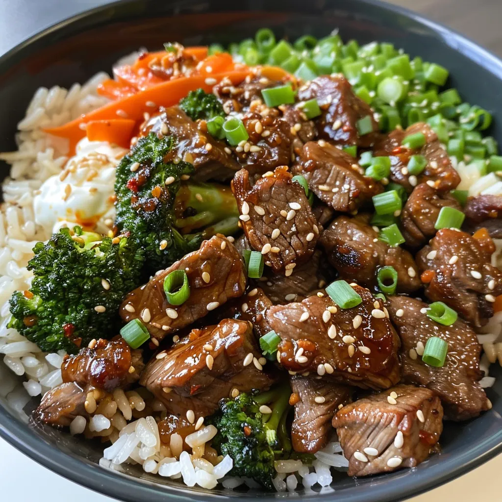 Side angle of a delicious spicy beef rice bowl garnished with sesame seeds.