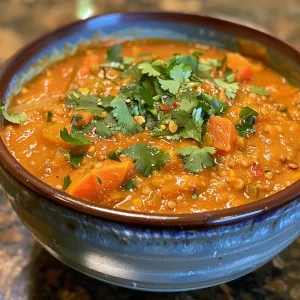 Delicious-looking Spicy Carrot and Red Lentil Soup in a rustic bowl, showcasing colorful ingredients.