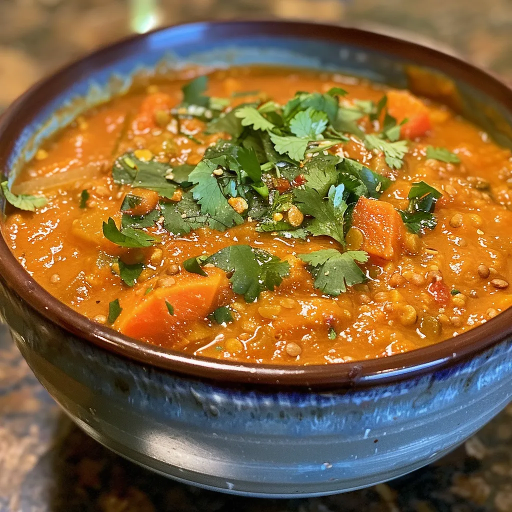 Delicious-looking Spicy Carrot and Red Lentil Soup in a rustic bowl, showcasing colorful ingredients.