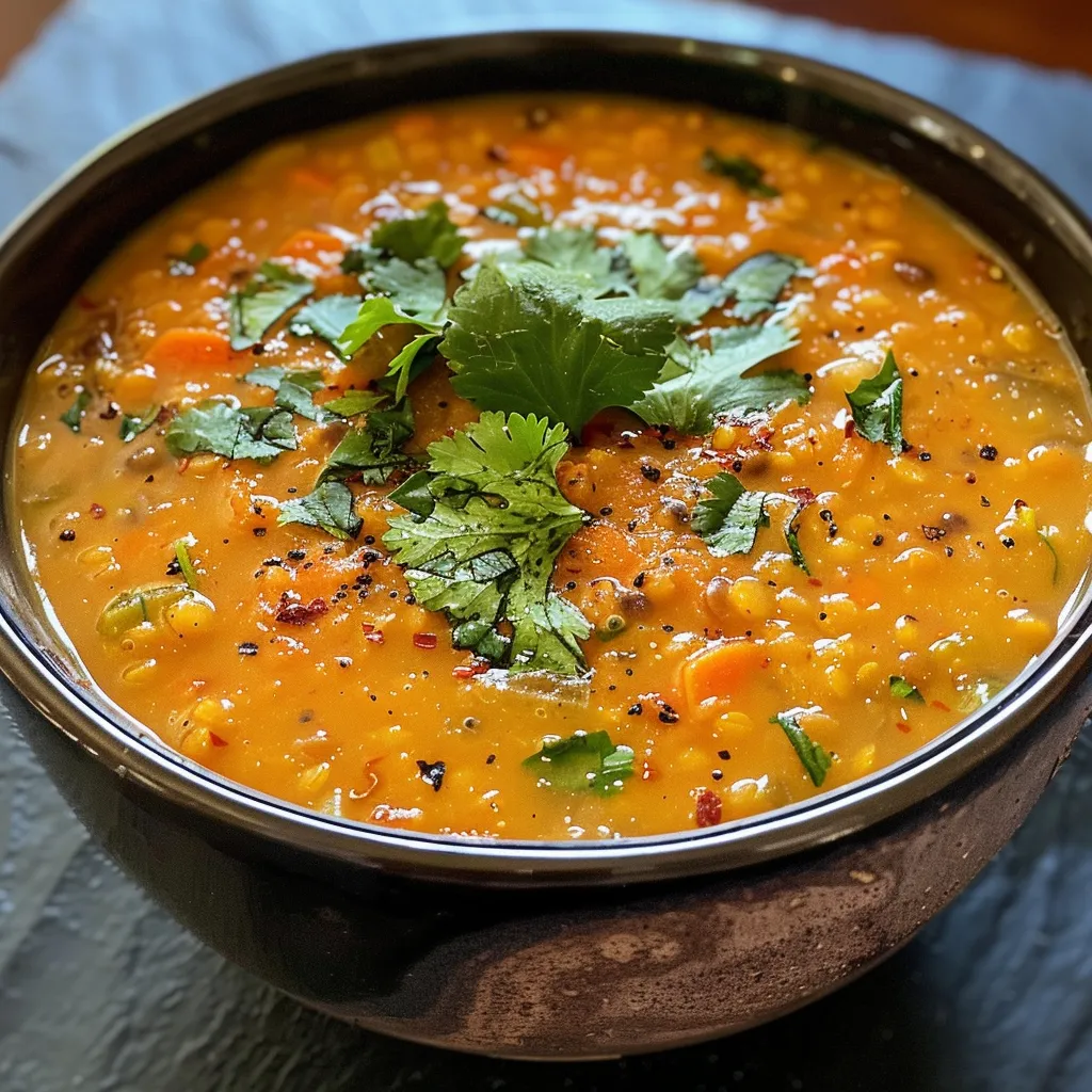 A warm bowl of carrot and lentil soup, highlighting spices and fresh cilantro on top.