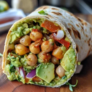 Close-up side view of a spicy chickpea and avocado wrap filled with greens and drizzled with sauce.