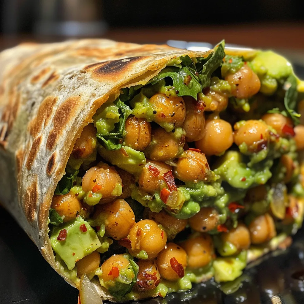Detailed image of a chickpea and avocado wrap showcasing vibrant colors and textures.