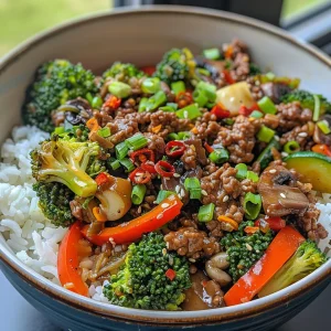 A close-up view of a colorful Spicy Ground Beef Stir-Fry Bowl filled with vegetables and rice.