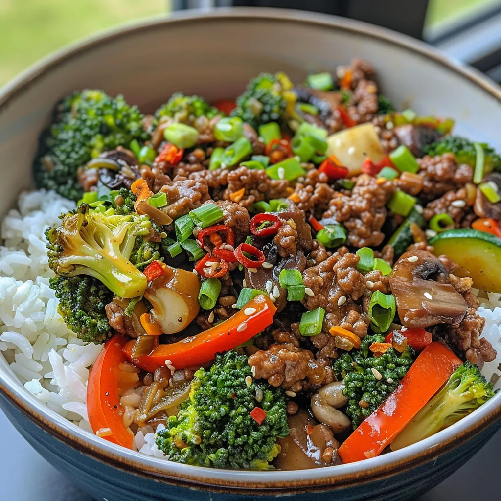 A close-up view of a colorful Spicy Ground Beef Stir-Fry Bowl filled with vegetables and rice.