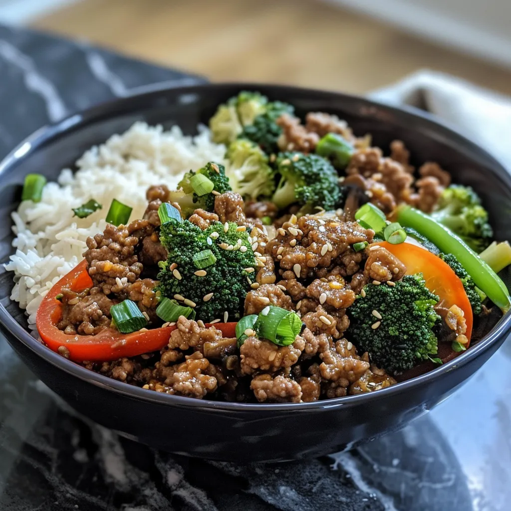 Side photo of a delicious stir-fry bowl featuring ground beef, broccoli, and vibrant peppers.