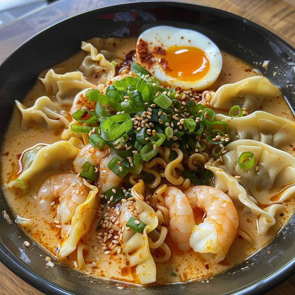 Close-up view of Spicy Shrimp and Dumpling Noodle Soup in a bowl, featuring shrimp, dumplings, and ramen.