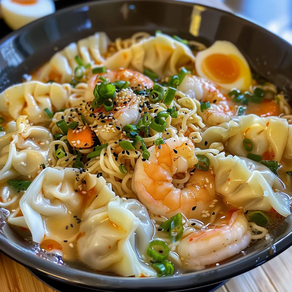 Side view photo of a steaming bowl of Spicy Shrimp and Dumpling Noodle Soup with vibrant ingredients.