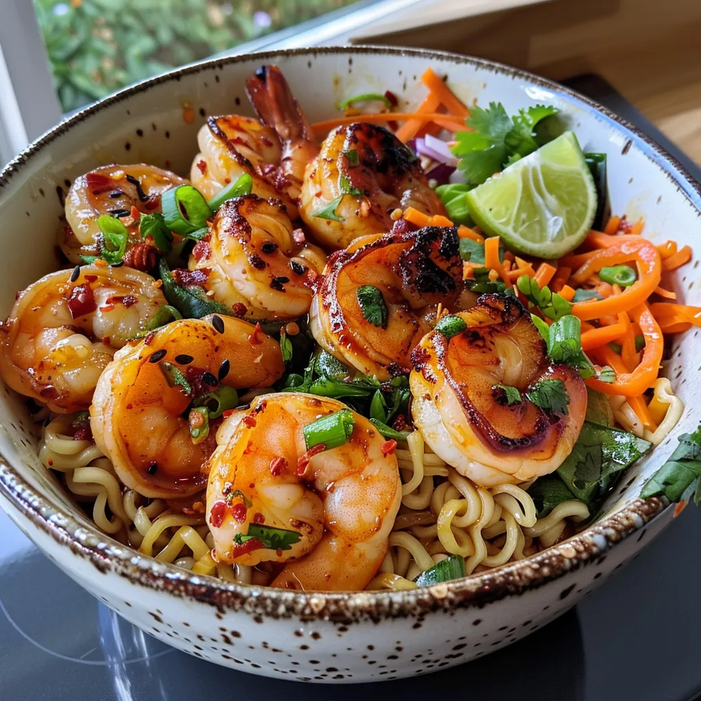 Close-up of a flavorful bowl of Spicy Shrimp Ramen with colorful vegetables.