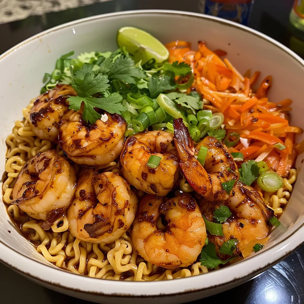 Side view of Spicy Shrimp Ramen Bowl showcasing succulent shrimp and fresh greens.