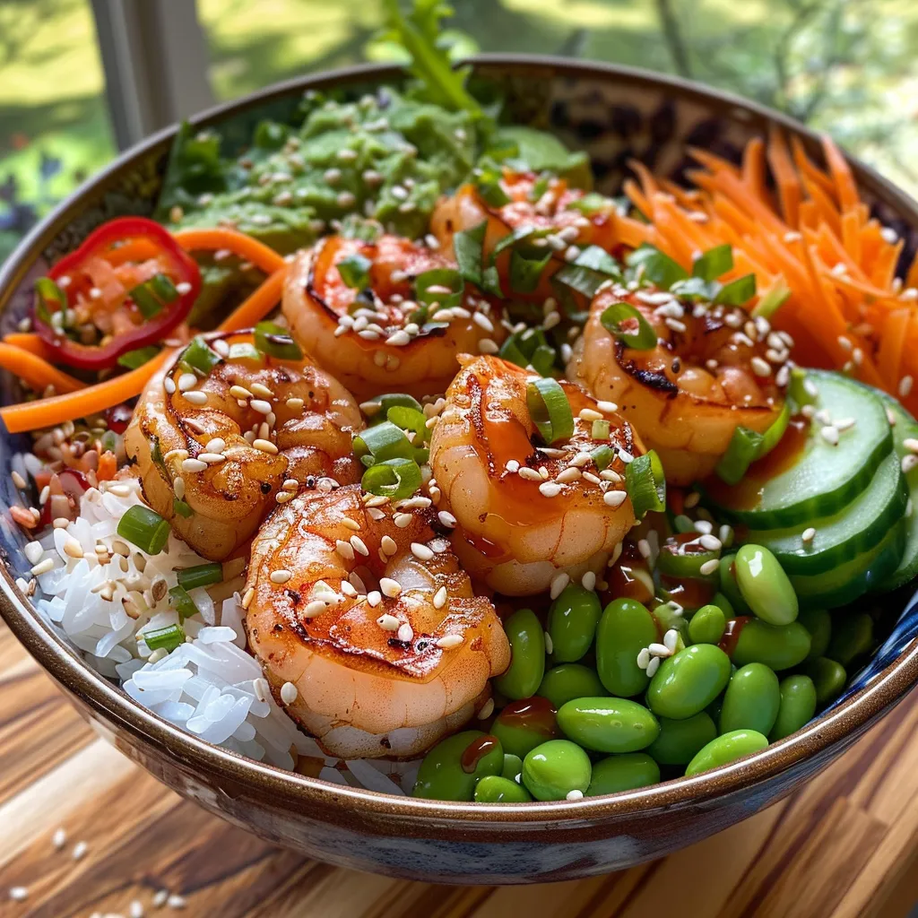 A vibrant bowl of Spicy Shrimp Rice topped with colorful garnishes.