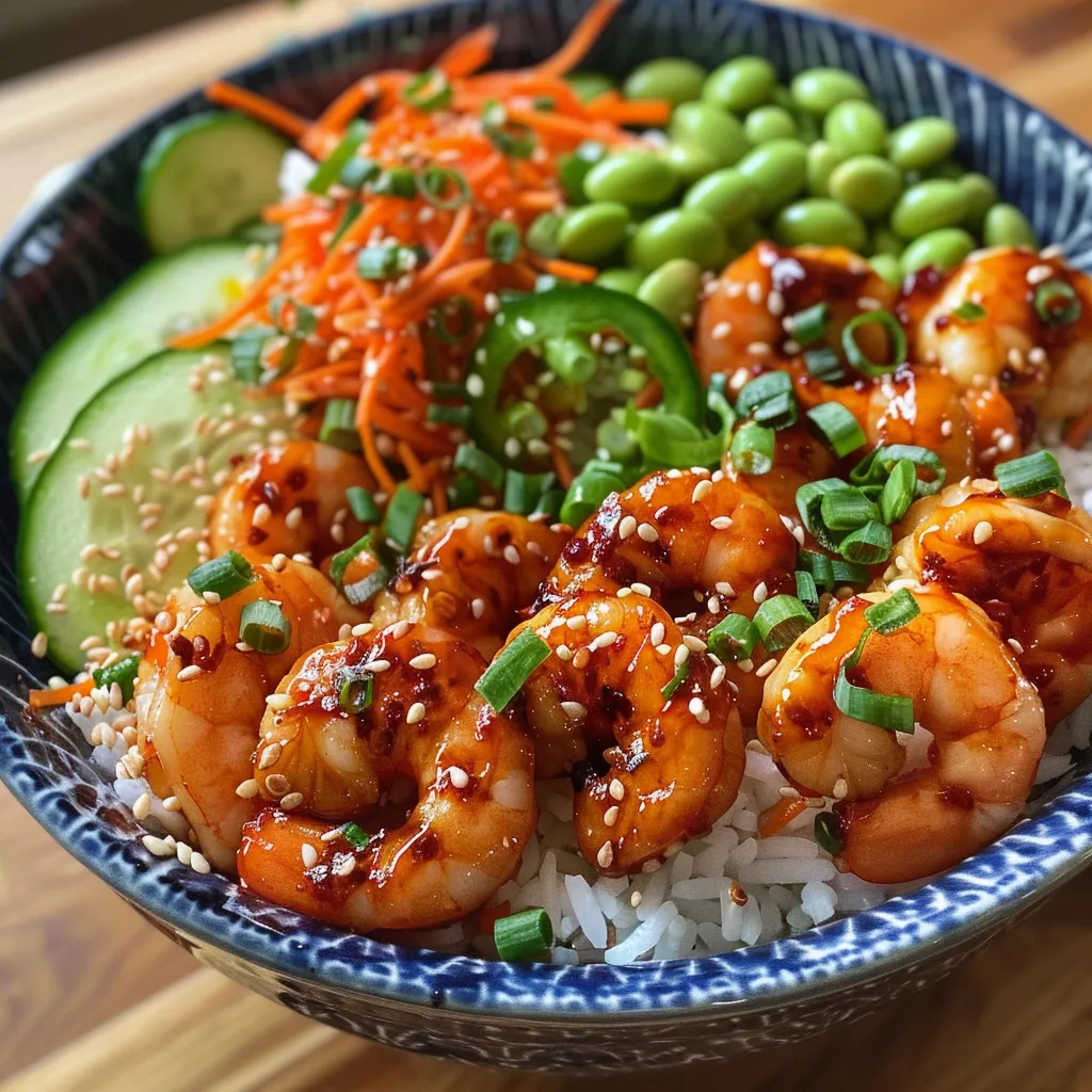 Close-up of a delicious Spicy Shrimp Rice Bowl featuring shrimp, rice, and fresh vegetables.