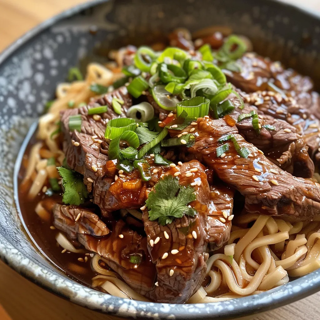 Close-up view of sticky beef noodles, highlighting the sliced beef and colorful vegetables.