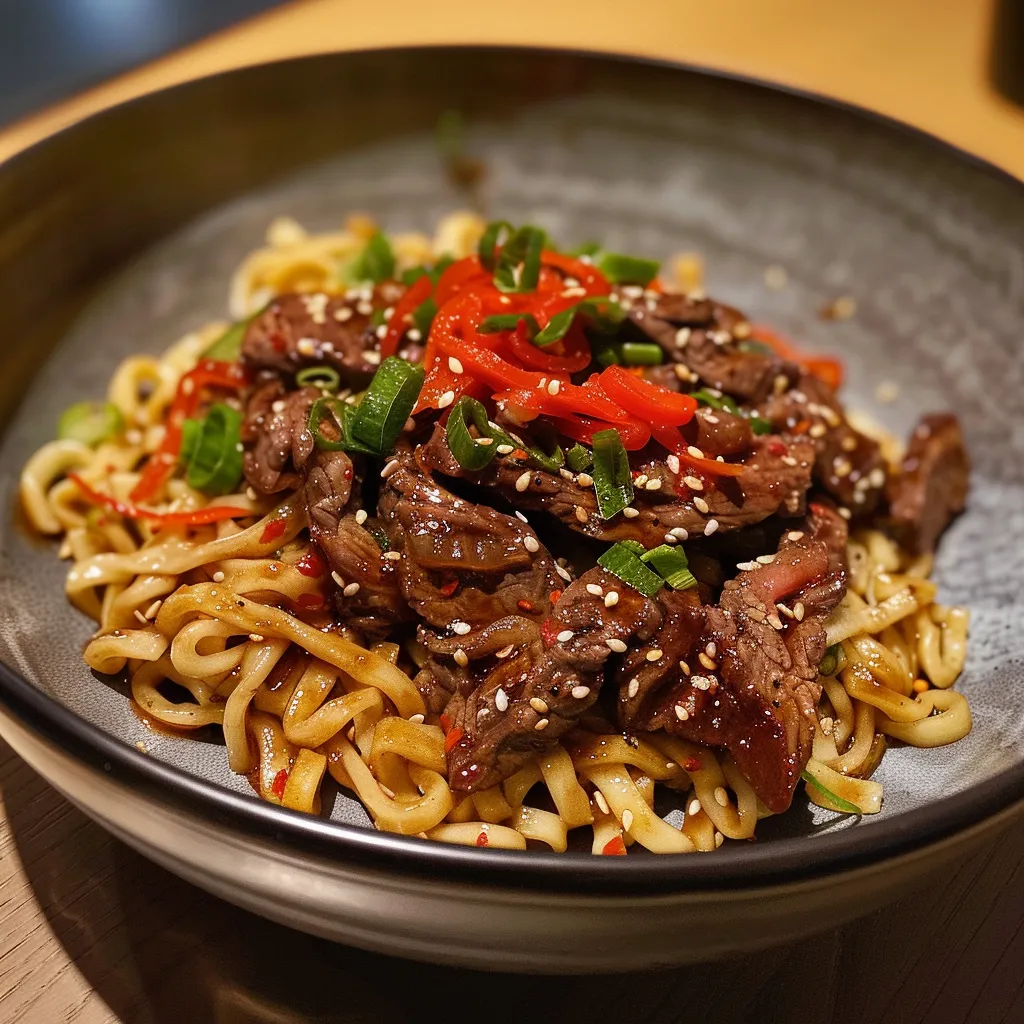 Juicy beef noodles with vibrant bell pepper and green vegetables on a plate.