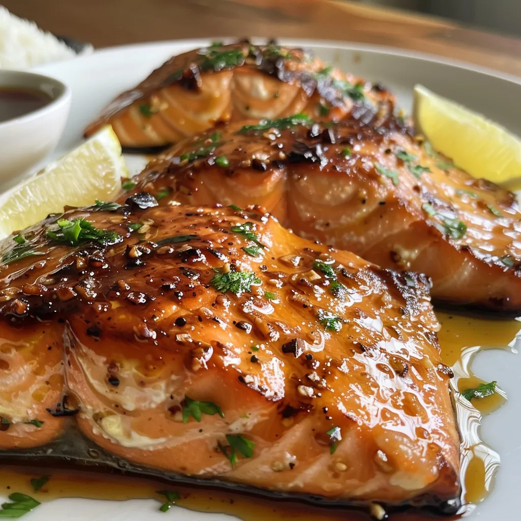 Juicy salmon fillets glistening with garlic butter sauce beside lemon wedges and parsley.
