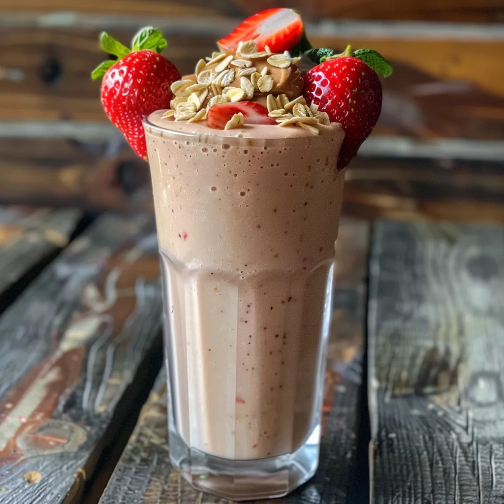 Close-up of a strawberry almond butter smoothie in a glass, garnished with fresh strawberries.