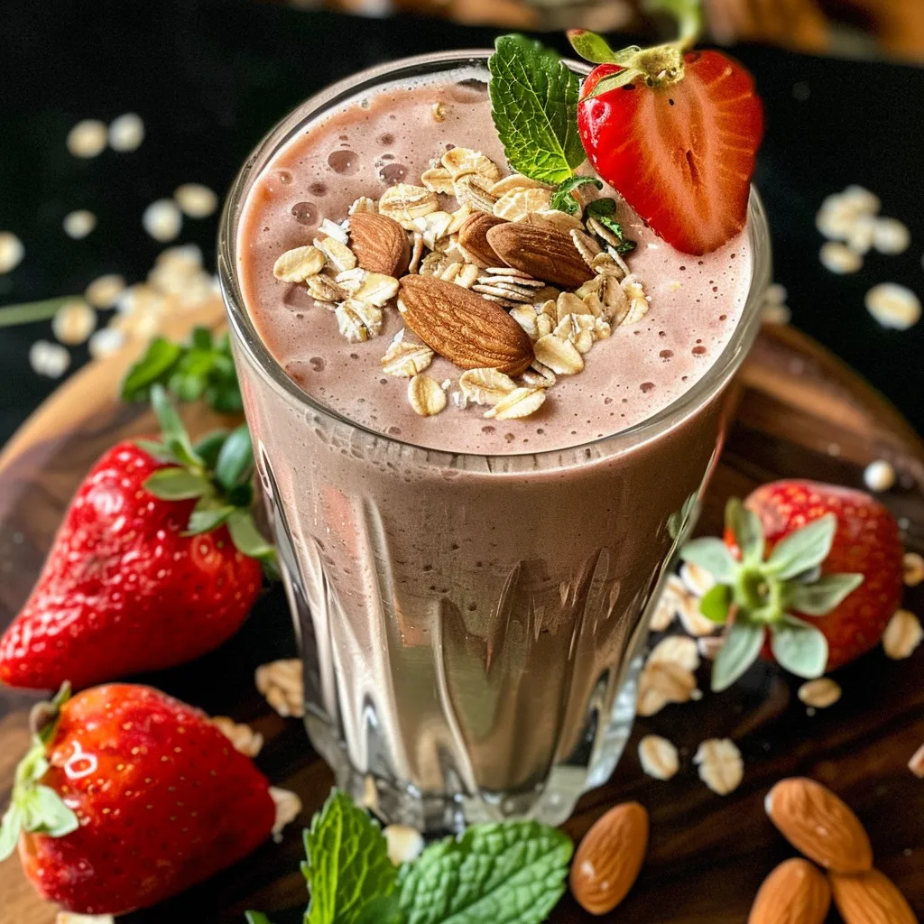 Side view of a smoothie made with strawberries and almond butter, showcasing its creamy texture.