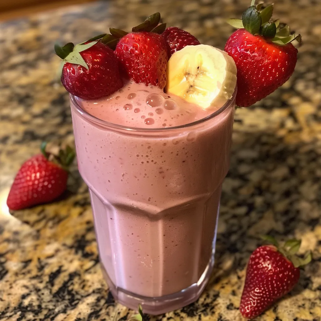 Close-up of a creamy strawberry banana protein smoothie in a glass.