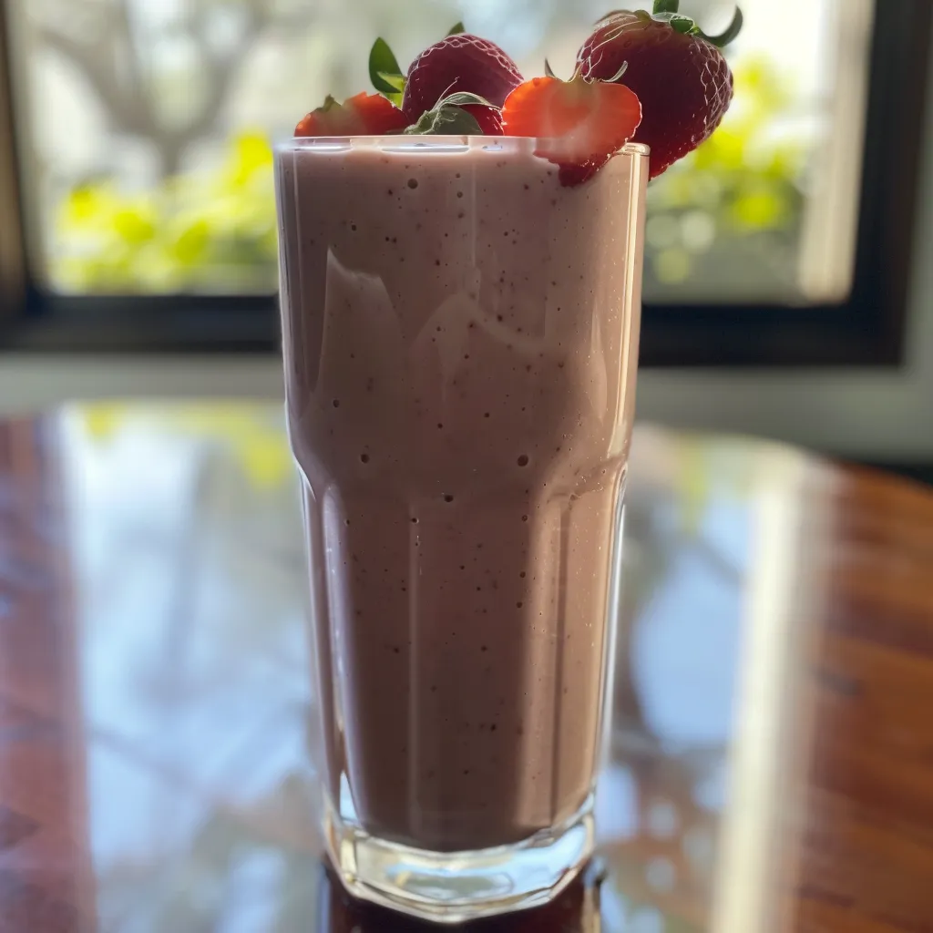 Side view of a refreshing smoothie with visible strawberry and banana chunks.