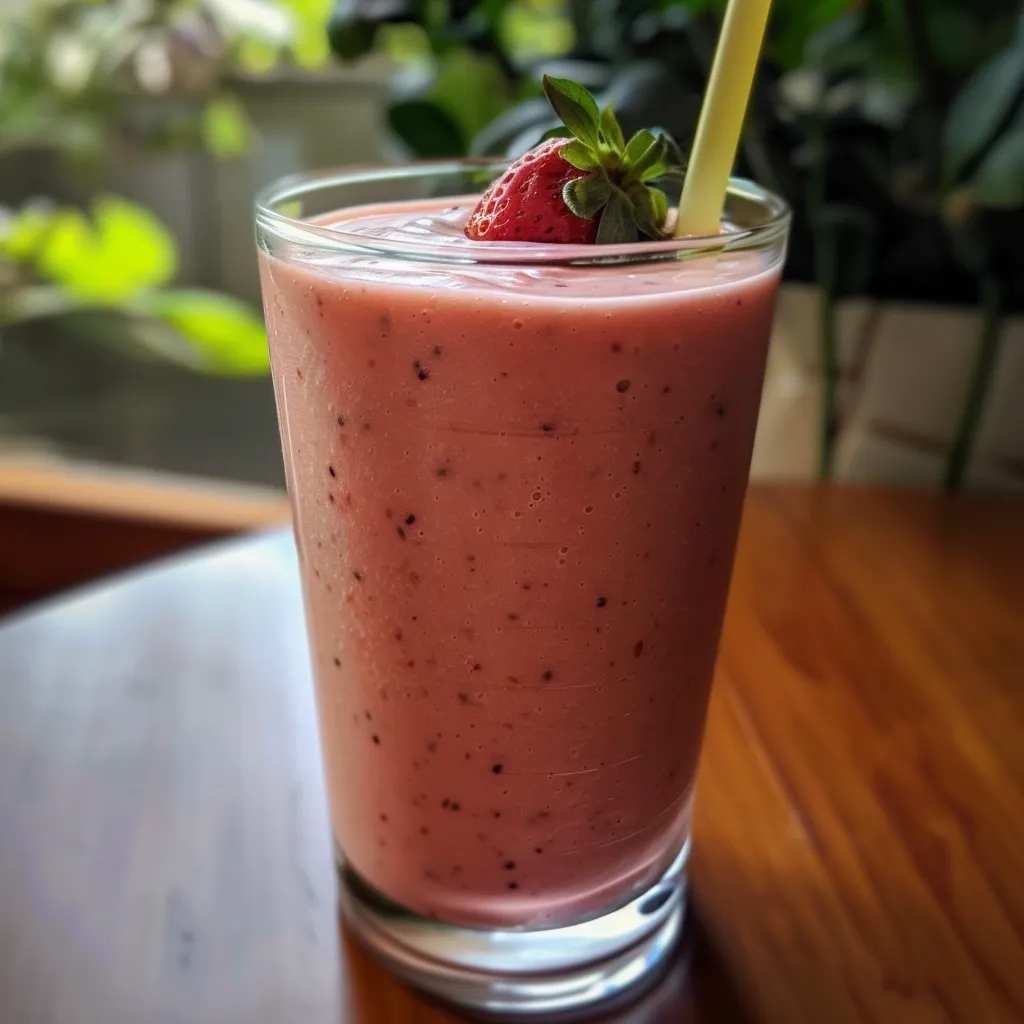 Close-up side view of a vibrant strawberry banana smoothie in a clear glass with fruit garnishes.