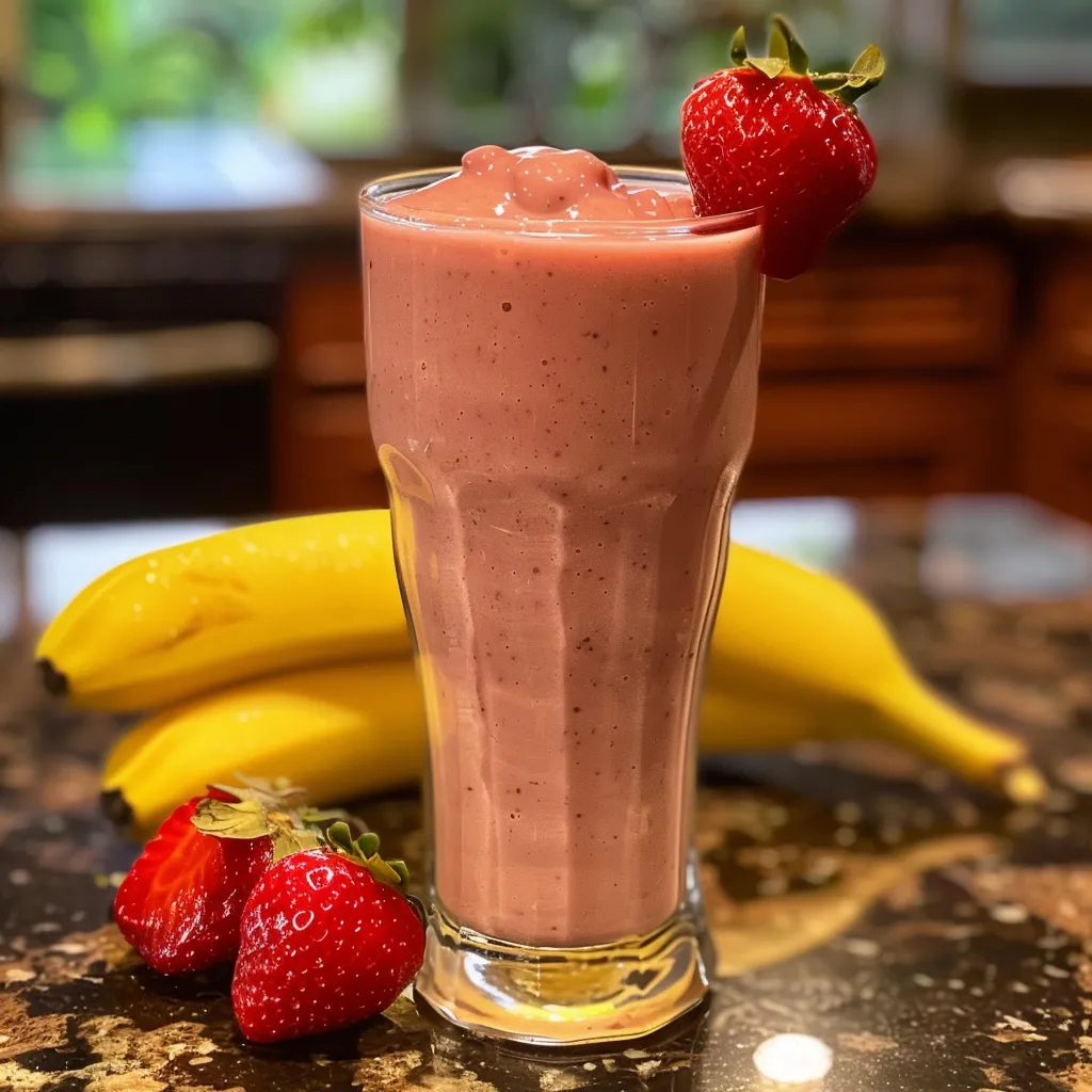 Side view of a refreshing strawberry banana smoothie topped with fresh fruit.