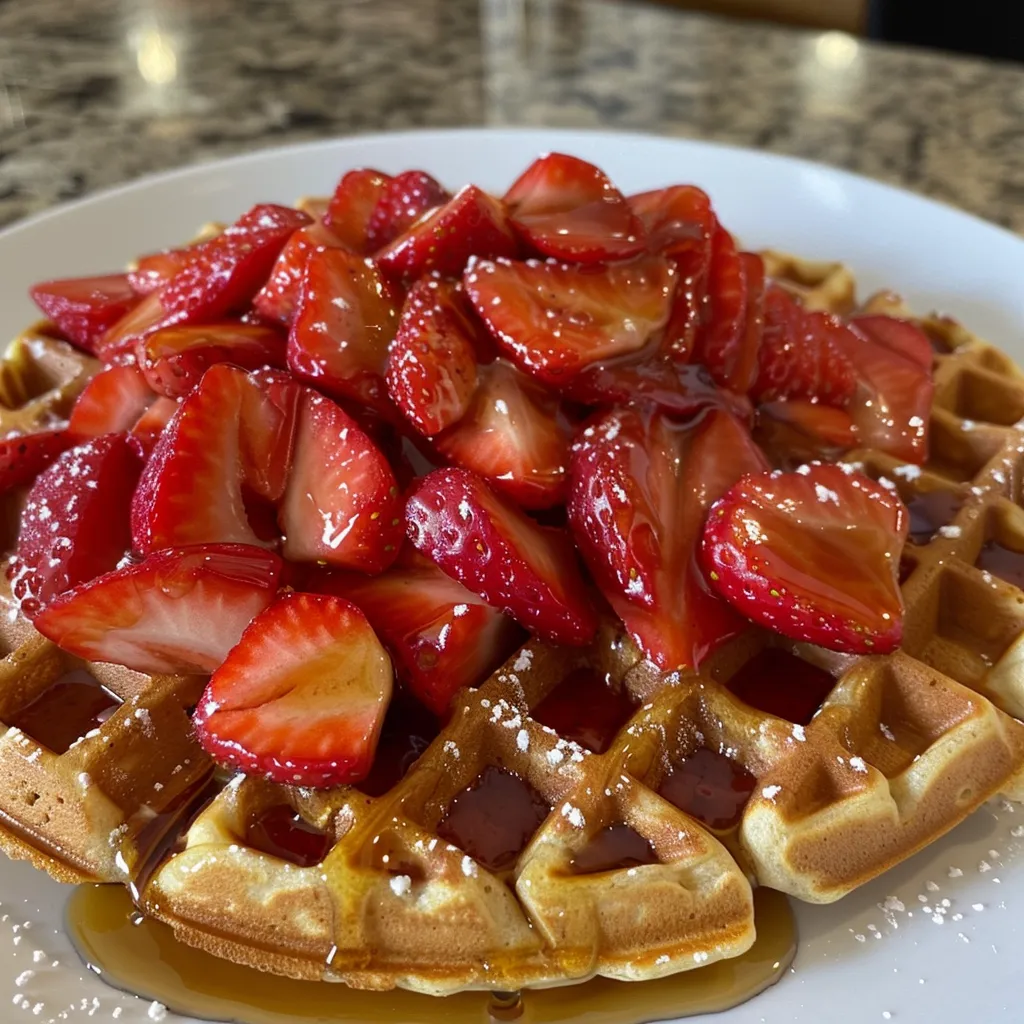 Juicy strawberry breakfast waffle with a creamy yogurt base and a sprinkle of oats.