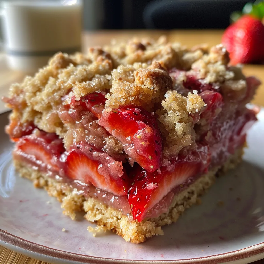 Detailed view of Strawberry Crumb Cake slice revealing moist cake texture and crumb topping.