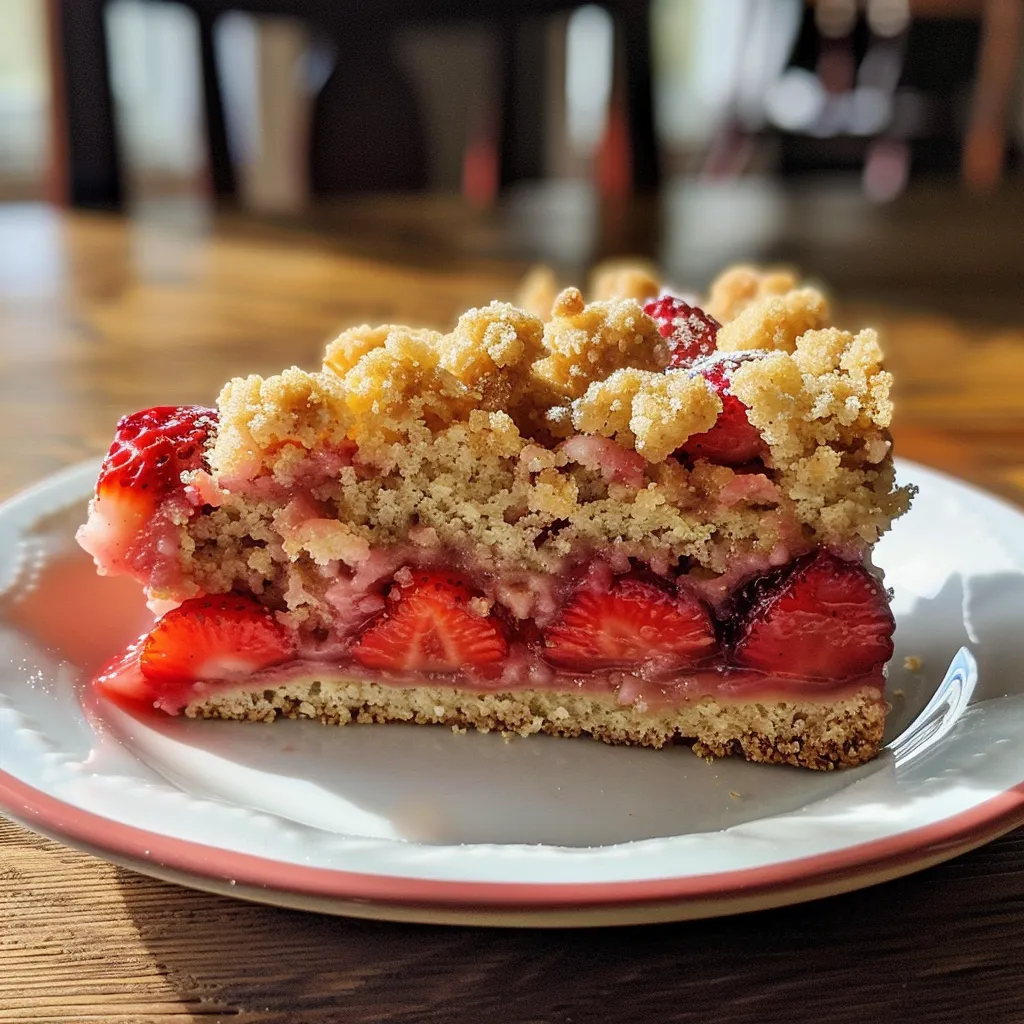 Slice of Strawberry Crumb Cake displaying juicy strawberries and a buttery crumb crust.
